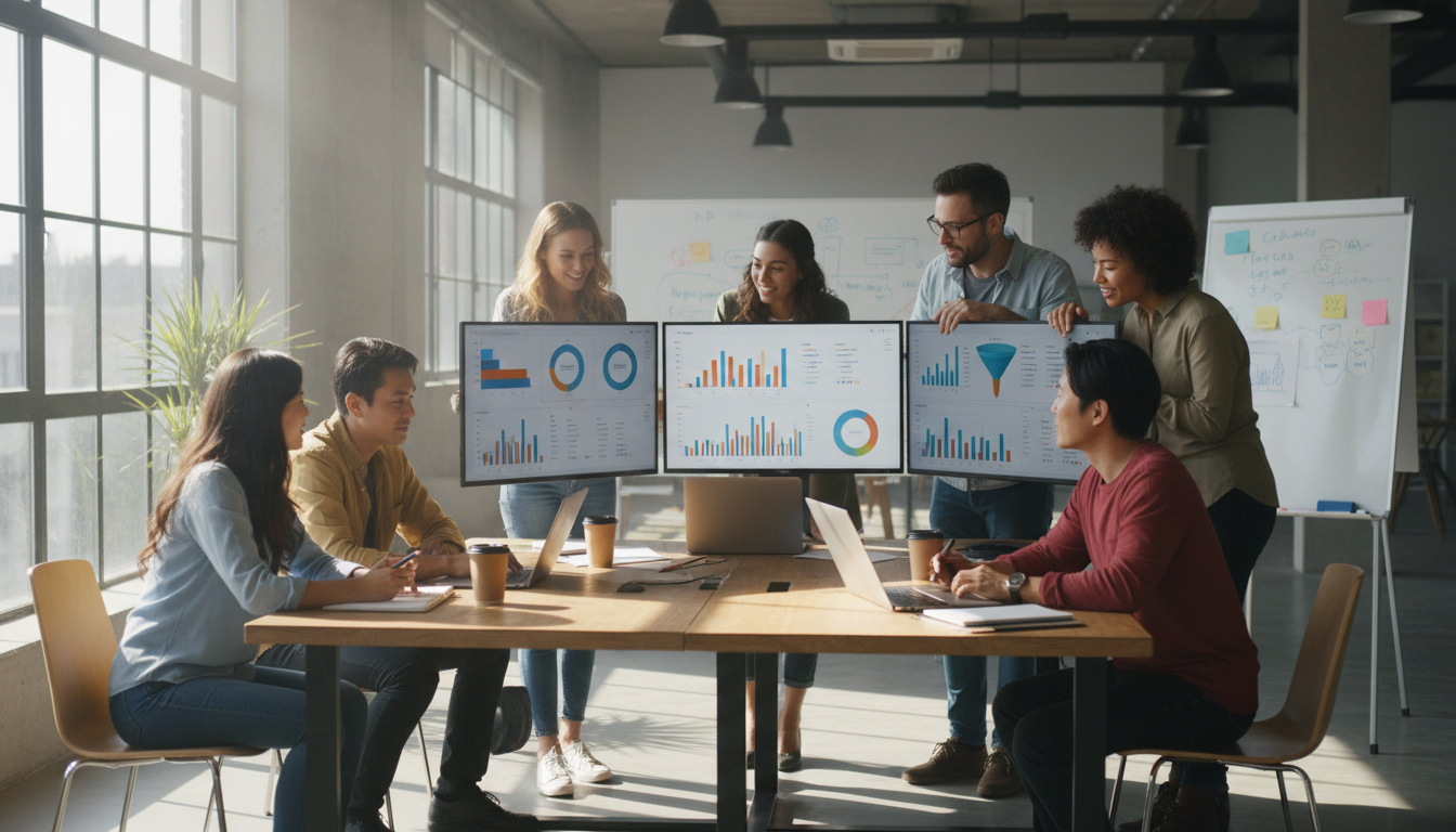 Image: A diverse team of marketing professionals (male and female, various ethnicities) collaboratively analyzing data on multiple screens in a modern, light-filled office. They are pointing at charts and graphs, discussing strategy, with a sense of focused energy and innovation.