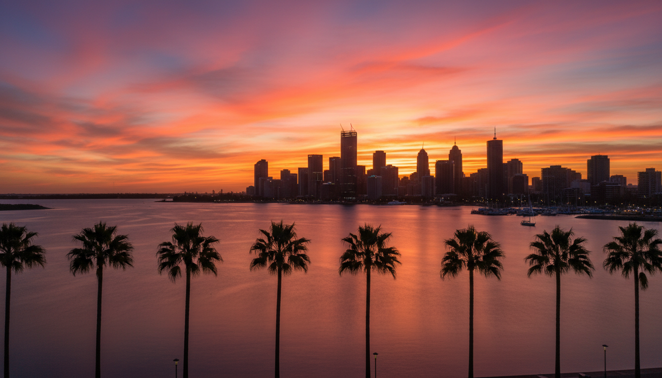 Image: A vibrant panoramic shot of Darwin's cityscape at sunset, overlooking the Timor Sea. The sky is ablaze with orange and purple hues, reflecting on the calm water. In the foreground, palm trees sway gently, and the modern buildings of the CBD are silhouetted against the dramatic sky, hinting at a bustling yet relaxed atmosphere.