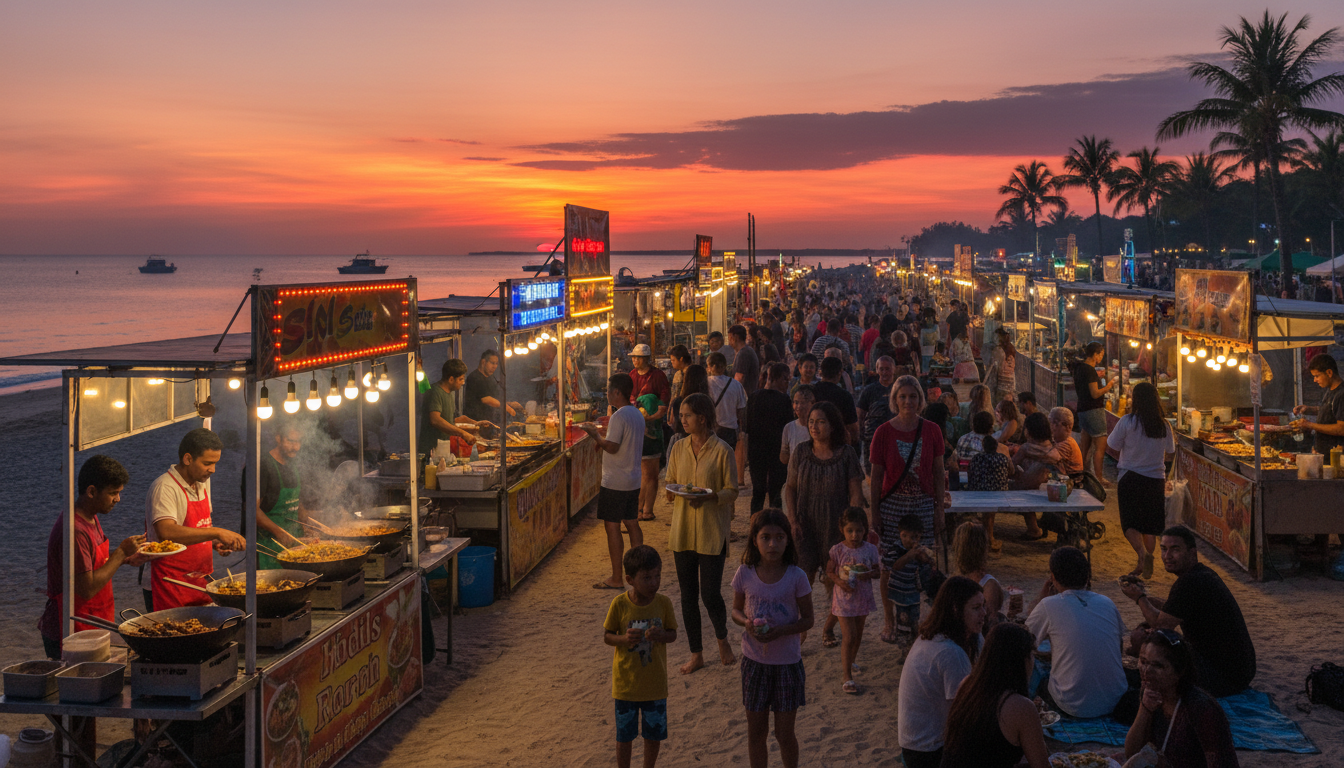 Image: A bustling, vibrant scene at the Mindil Beach Sunset Market in Darwin. Diverse food stalls are illuminated with warm lights, emitting steam and aromatic smoke. People of all ages and backgrounds are mingling, eating, and enjoying the lively atmosphere. In the background, the sun is just dipping below the horizon, casting a stunning orange and purple glow over the Timor Sea.