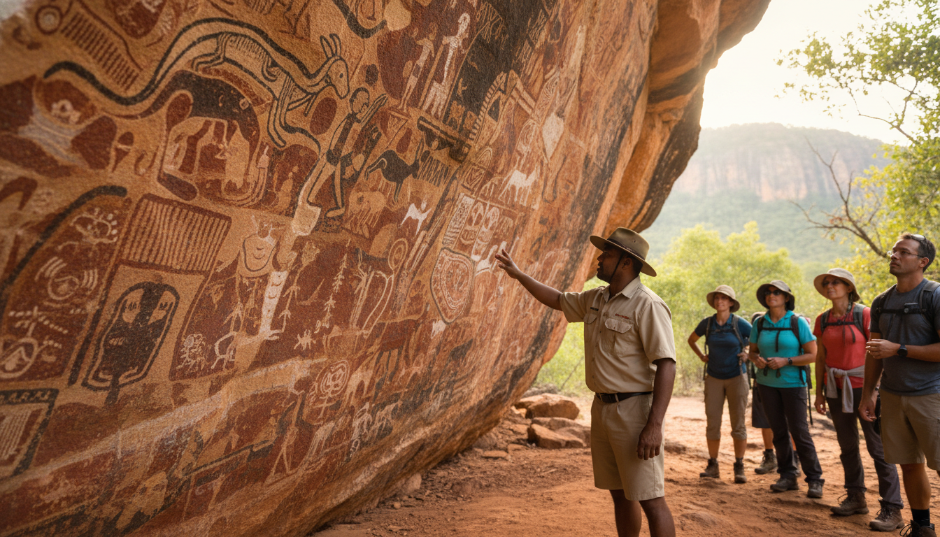 Image: A detailed shot of ancient, intricate Indigenous rock art inside a natural rock shelter in Kakadu National Park. The artwork depicts various animals and human figures using ochre pigments, showcasing the rich cultural history. In the background, a knowledgeable Indigenous ranger in a uniform is respectfully gesturing towards the art, explaining its significance to a small group of attentive visitors.