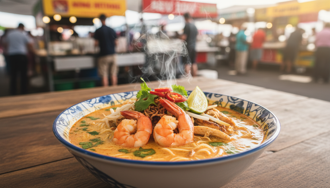 Image: A beautifully presented, steaming bowl of authentic Darwin Laksa, rich with coconut milk, noodles, prawns, chicken, and fresh herbs. The setting is a bustling, casual outdoor eatery or market stall in Darwin, with blurred background elements suggesting a lively atmosphere. The colors are vibrant and inviting, emphasizing the dish's deliciousness and cultural significance.