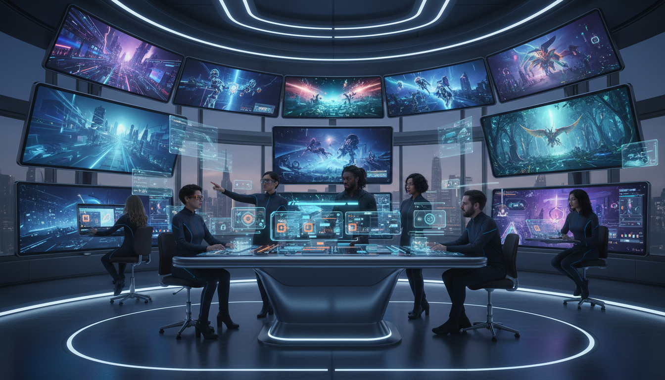 Image: A futuristic video editing suite with multiple large screens displaying AI-generated video segments, a sleek console with holographic controls, and a diverse team of content creators (male and female, various ethnicities) collaborating seamlessly in a vibrant, high-tech environment.