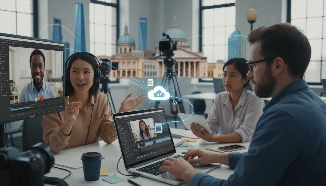 Image: A global team of diverse professionals (male, female, various ethnicities) collaborating on a video project. One person is on a video call, another is editing on a laptop with a cloud interface, and a third is reviewing footage on a tablet. The background subtly shows cityscapes from different continents, connected by glowing lines, symbolizing seamless digital collaboration.