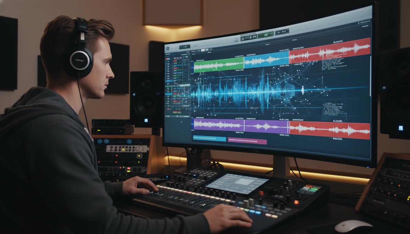 Image: A sound engineer in a state-of-the-art audio studio. They are wearing high-quality headphones, looking at a complex waveform on a screen. On the screen, different colored layers represent isolated audio tracks (dialogue, ambient, music) with AI-powered noise reduction algorithms visibly working to clean up a specific track.