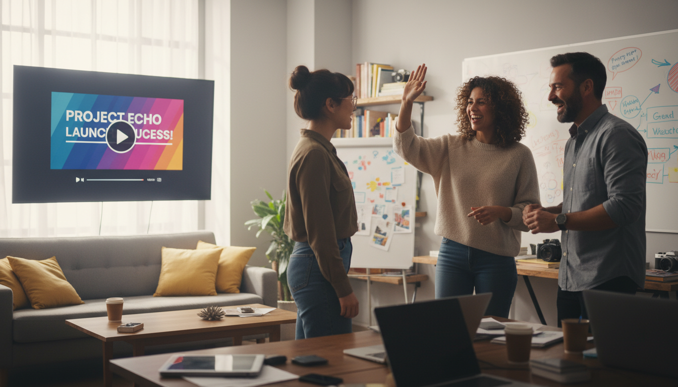Image: A small, diverse creative team (2-3 people, male and female, various ages) celebrating a successful video launch in a modern, comfortable office space. One person is high-fiving another, while a third looks proudly at a video playing on a large monitor. The room has natural light and hints of creative tools like a whiteboard with ideas, but the focus is on their collaborative success and happiness.