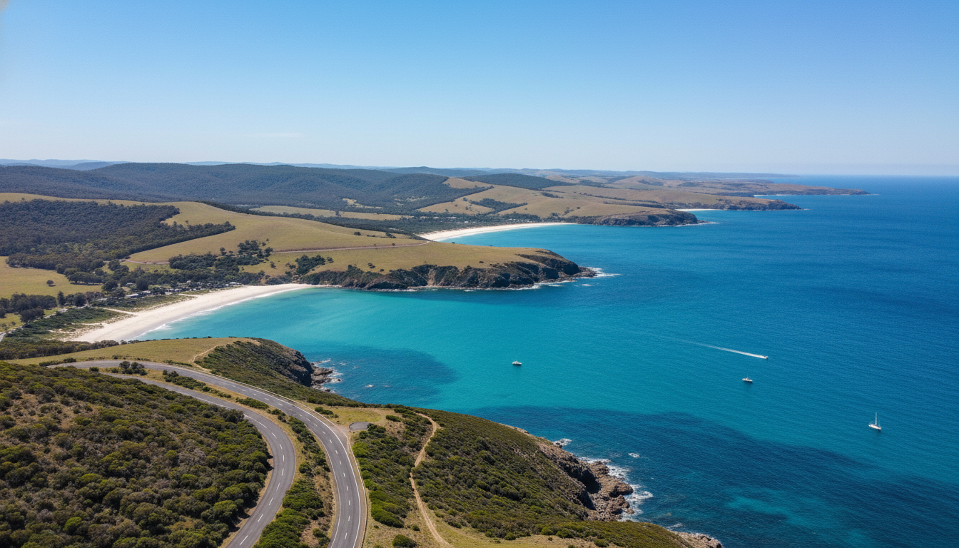 Image: A panoramic view of the Fleurieu Peninsula coastline, with winding roads overlooking turquoise waters and distant rolling hills, under a clear blue sky.