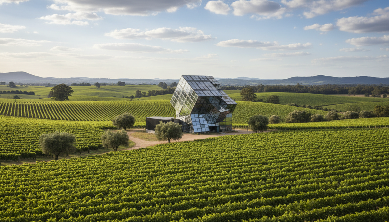 Image: The d'Arenberg Cube, a striking modern architectural building resembling a Rubik's Cube, surrounded by lush green vineyards under a partly cloudy sky in McLaren Vale.