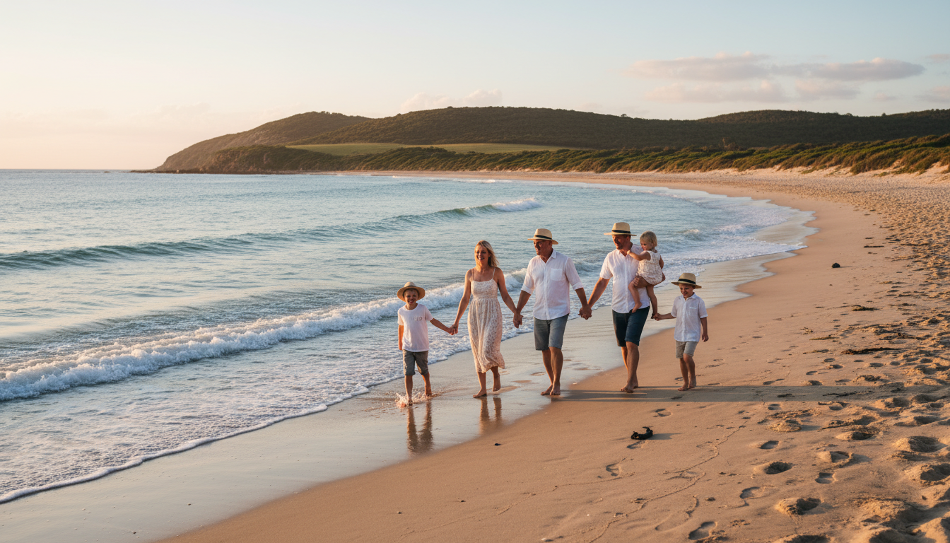 Image: A multi-generational family happily walking along the sandy beach at Horseshoe Bay near Victor Harbor, with calm waves lapping the shore and green hills in the background.