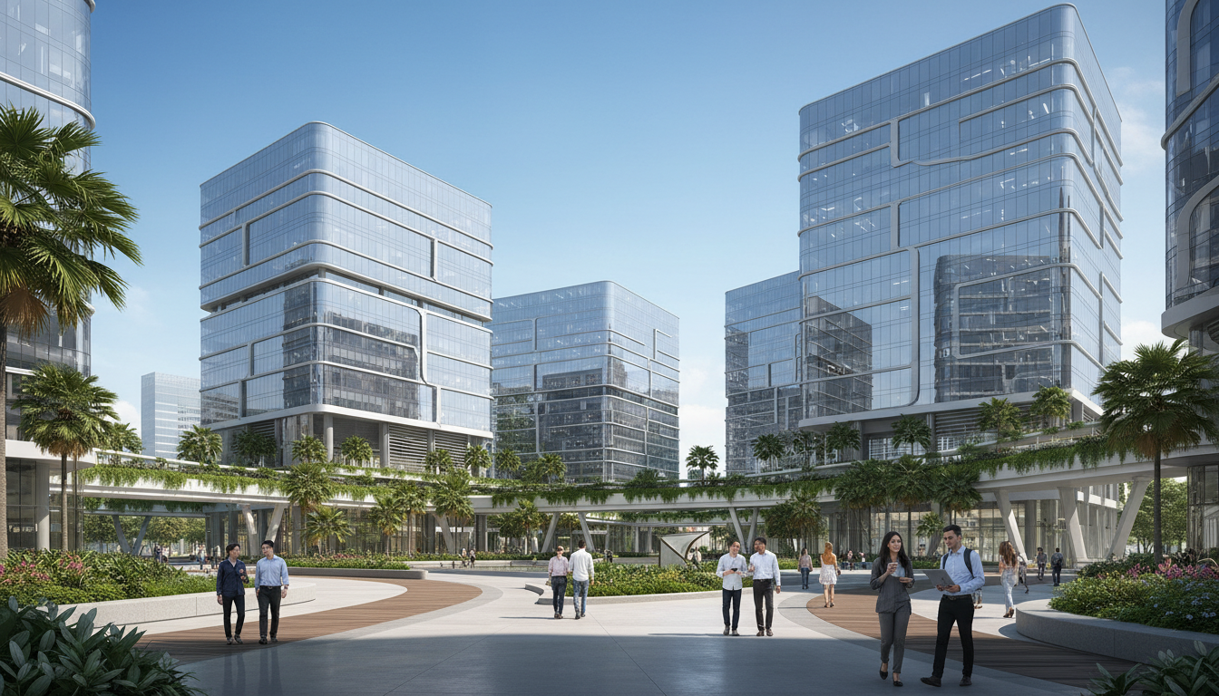 Image: A wide, modern architectural shot of Mapletree Business City with lush greenery, pedestrian walkways, and sleek glass office buildings under a clear blue sky. In the foreground, diverse professionals are seen walking and conversing, some carrying laptops.