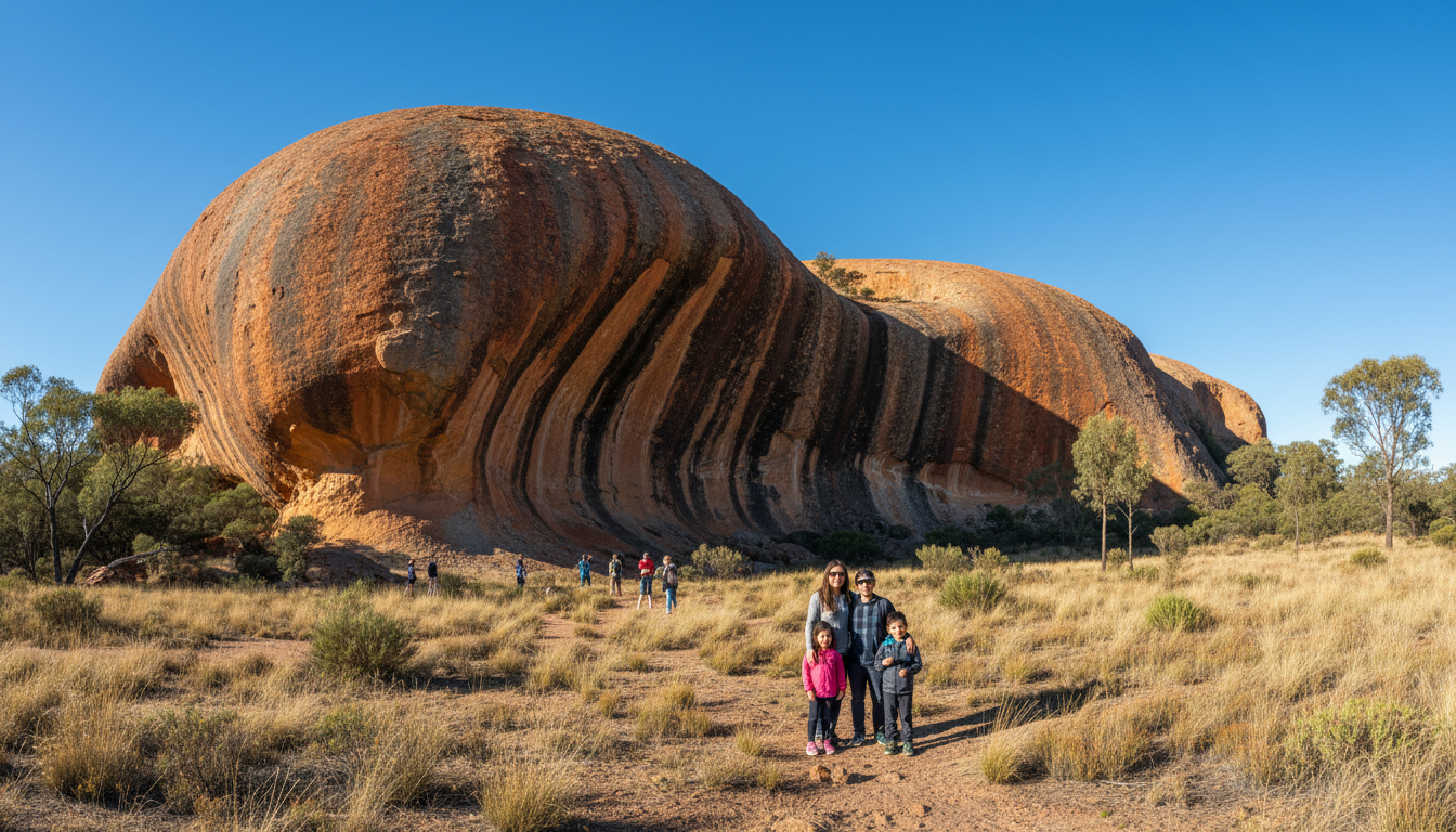 Image: A wide-angle shot of Wave Rock in Hyden, Western Australia, showcasing its full 15-meter height and 110-meter length. The rock face displays distinct vertical stripes of red, grey, and yellow. The foreground features sparse, golden-brown vegetation under a clear blue sky. A small group of diverse tourists, including a Vietnamese-Australian family, are visible near the base, providing a sense of scale.