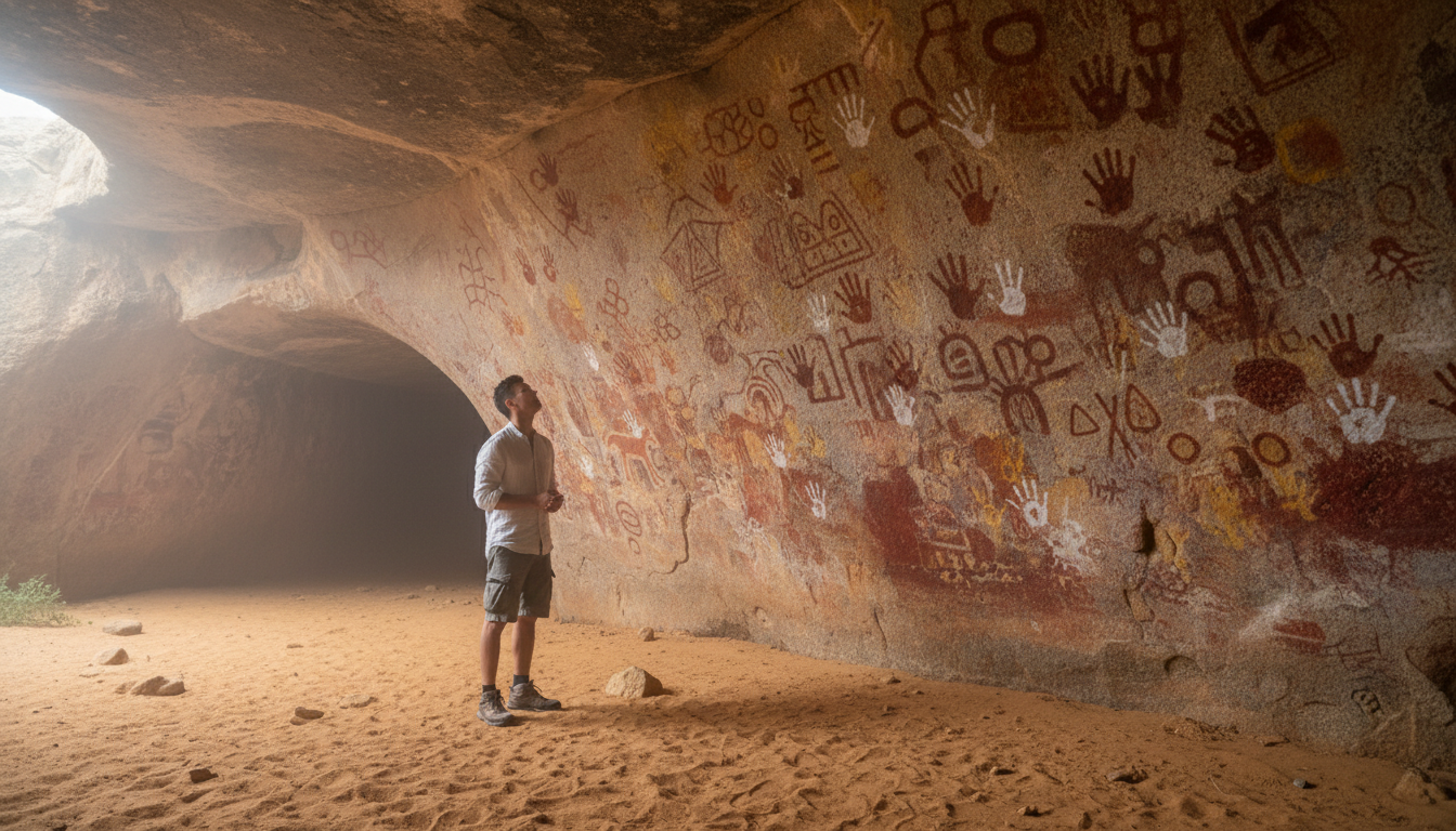 Image: A vivid photograph inside Mulka's Cave, showcasing ancient Aboriginal rock art on the smooth granite walls. The art includes ochre handprints and abstract symbols, illuminated by soft, natural light filtering in from the cave entrance. The ground is sandy, and a respectful visitor, perhaps a Vietnamese-Australian man, is thoughtfully observing the art from a distance.
