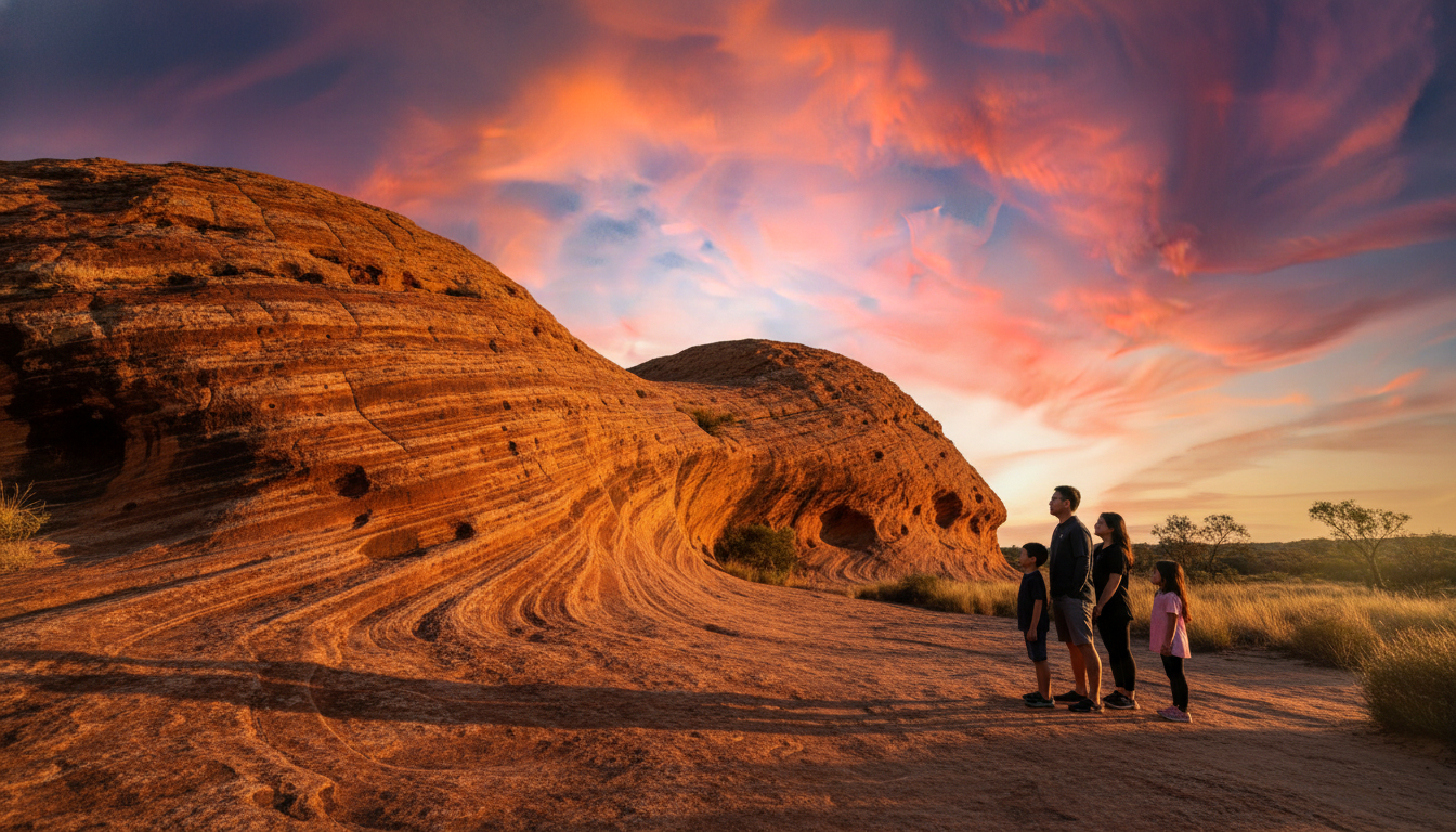 Image: A vibrant sunset scene over Wave Rock, casting long, dramatic shadows and enhancing the rock's striking colours. The sky is ablaze with orange, pink, and purple hues. In the foreground, a silhouetted Vietnamese-Australian family stands together, looking out at the rock, symbolizing wonder, connection, and shared discovery.