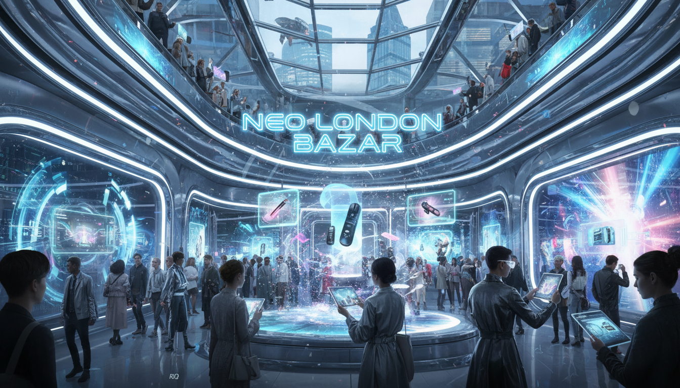 Image: A vibrant, futuristic retail space in London with interactive digital displays, holographic product showcases, and diverse shoppers engaging with augmented reality experiences. The architecture is modern, with reflective surfaces and dynamic lighting, evoking innovation and surprise.