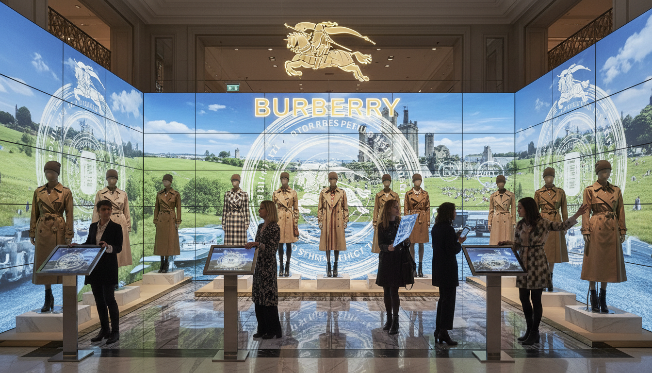 Image: Inside a luxurious Harrods department store, a section transformed by Burberry. Displays feature trench coats on mannequins surrounded by digital projections of British landscapes and heritage motifs. Shoppers are interacting with touchscreens and immersive visual elements, creating an elegant yet futuristic atmosphere.