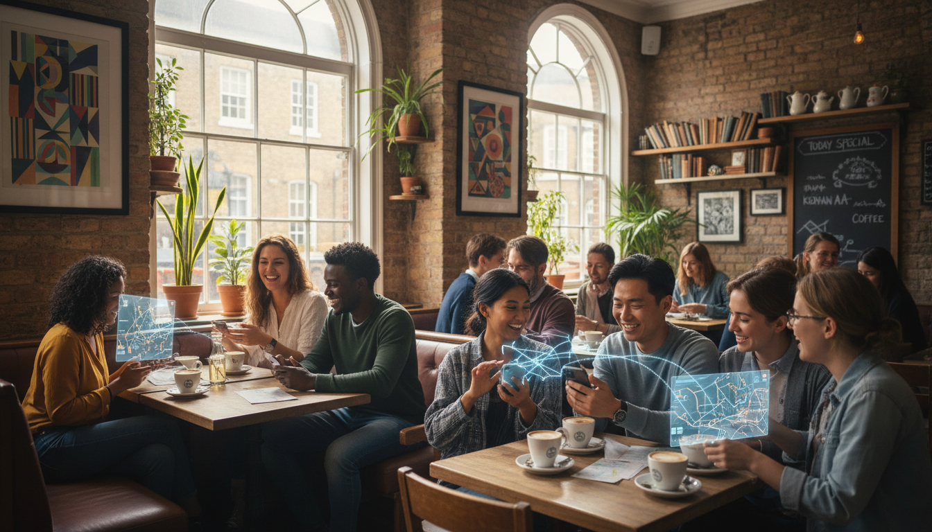 Image: A diverse group of people in a modern, stylish cafe in London, engaged in conversation while subtly interacting with digital elements on their phones. The cafe has a warm, inviting atmosphere with natural light and hints of cultural design, symbolizing how global stories and local experiences blend in modern UK consumer culture.