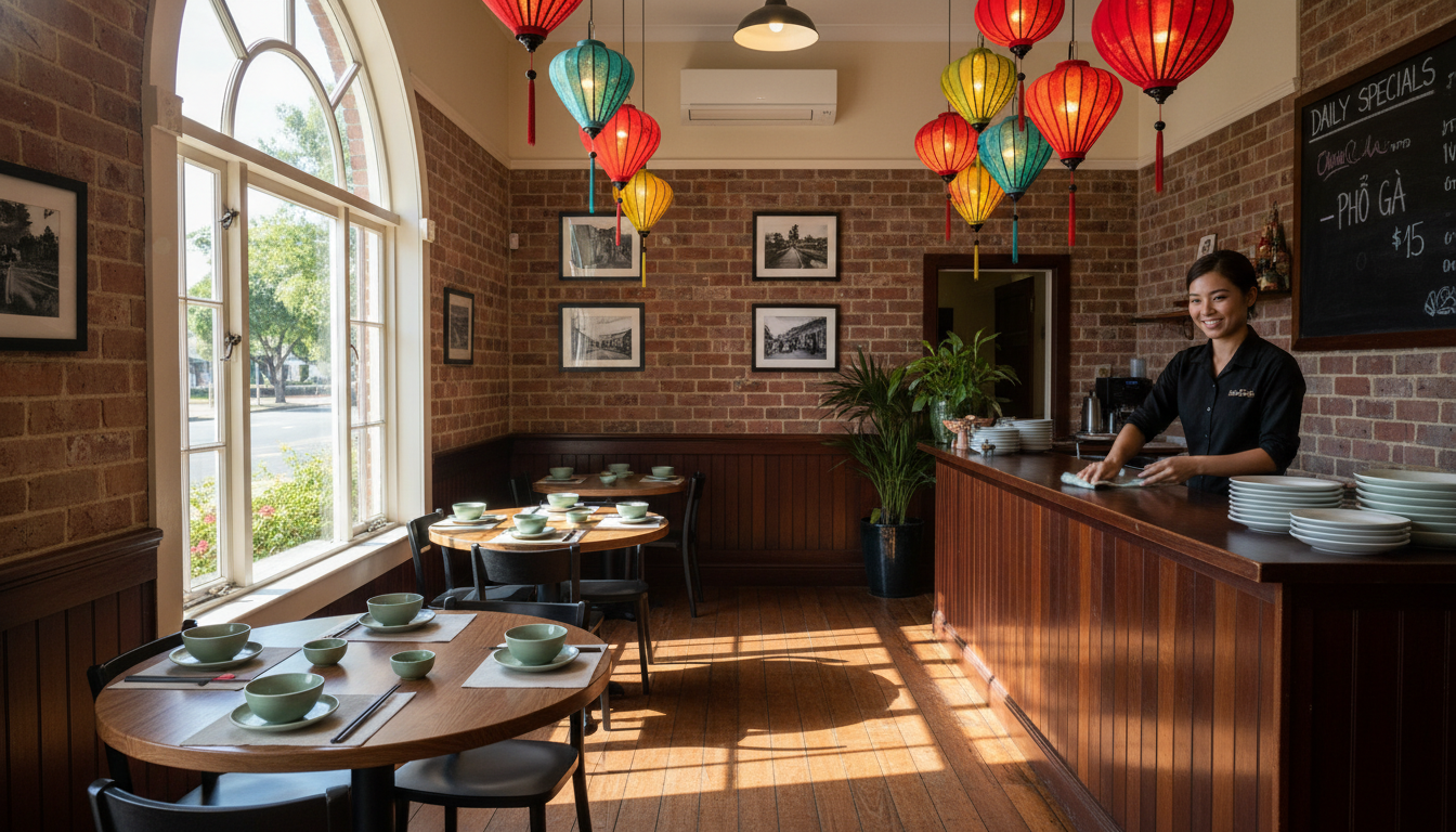 Image: A warm, inviting interior of a Vietnamese restaurant in Adelaide during a quiet mid-afternoon. Sunlight streams through a window, illuminating empty tables set with chopsticks and bowls. A friendly waitress is seen wiping down a counter, smiling. Traditional Vietnamese lanterns hang from the ceiling.