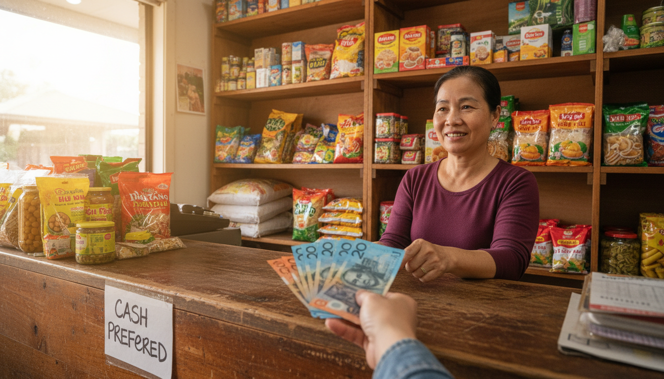 Image: A hand holding Australian cash notes (e.g., $20, $10) being offered across a counter to a smiling Vietnamese shop owner. In the background, shelves are stocked with traditional Vietnamese ingredients and snacks. The setting is a small, cozy suburban Vietnamese grocery store or eatery in Adelaide, with a "cash preferred" sign subtly visible.