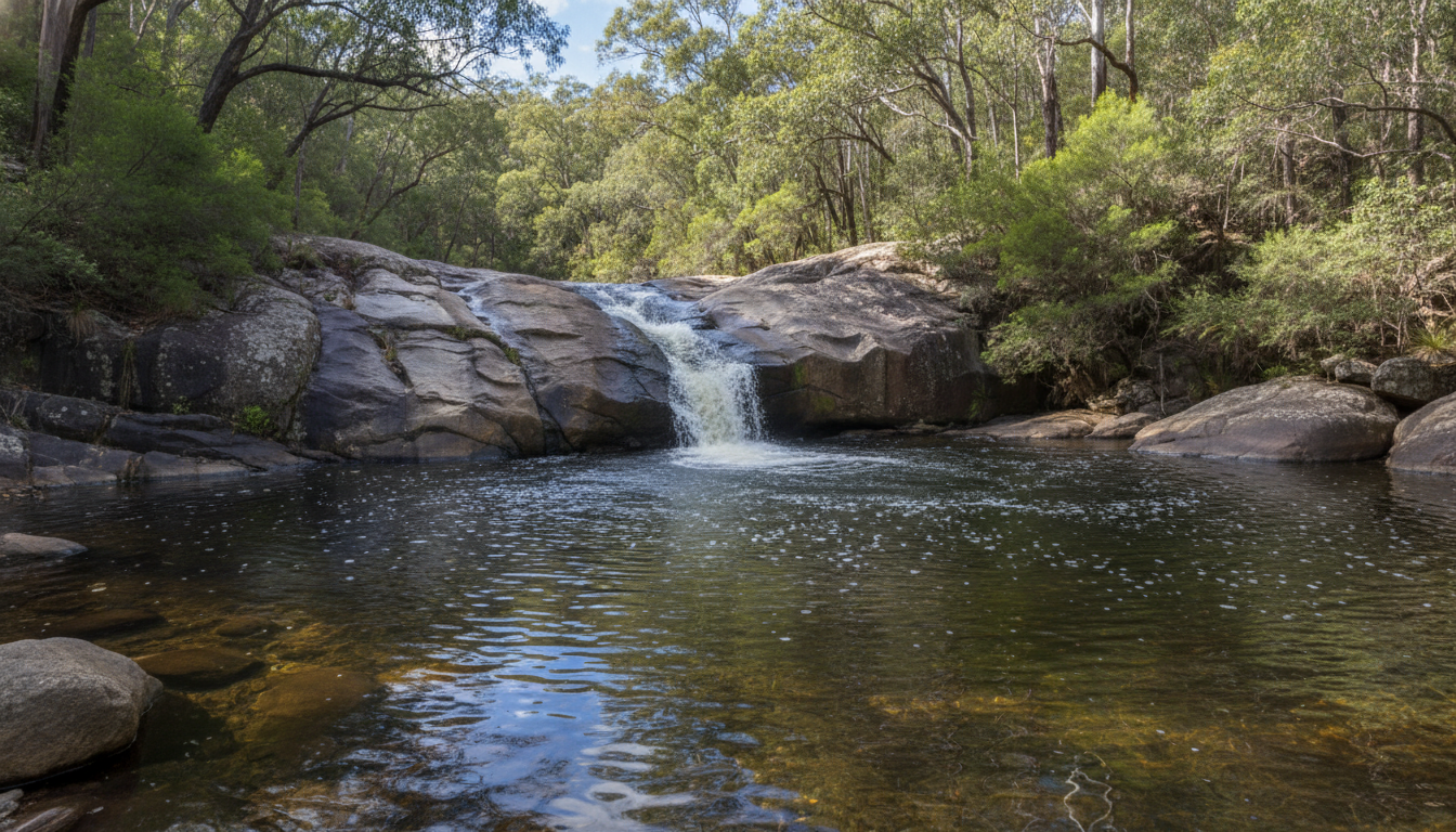 Image: A serene view of Serpentine Falls in Serpentine National Park. The waterfall gently cascades over smooth, dark granite rocks into a clear, calm pool. The surrounding area is lush with green trees and native bushland, and the sunlight creates dappled shadows on the water.
