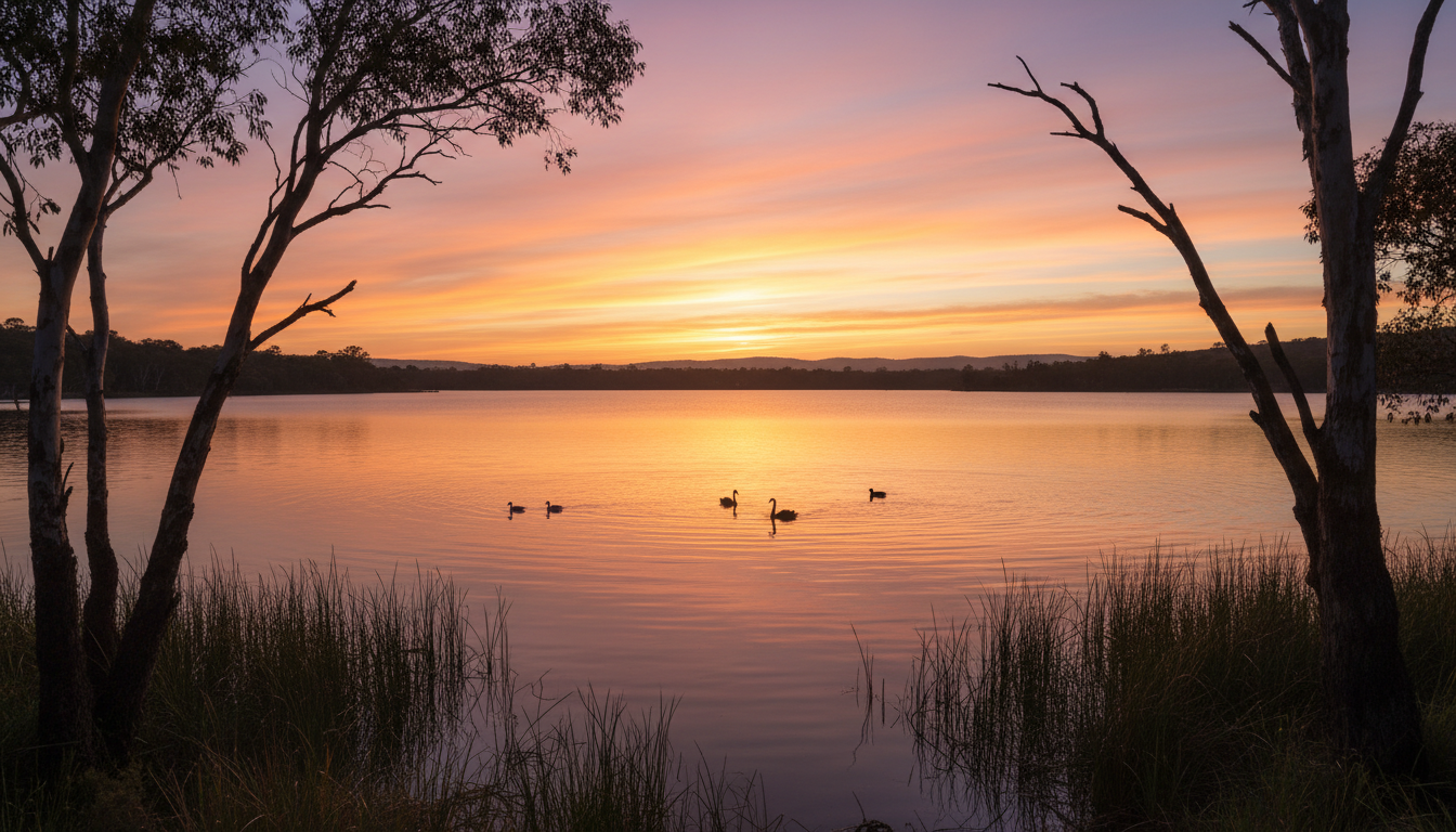 Image: A picturesque view of Loch McNess in Yanchep National Park at sunset. The calm lake reflects the colourful sky, with silhouettes of reeds and paperbark trees along the shore. A few waterbirds are visible on the water, and the overall atmosphere is peaceful and serene.