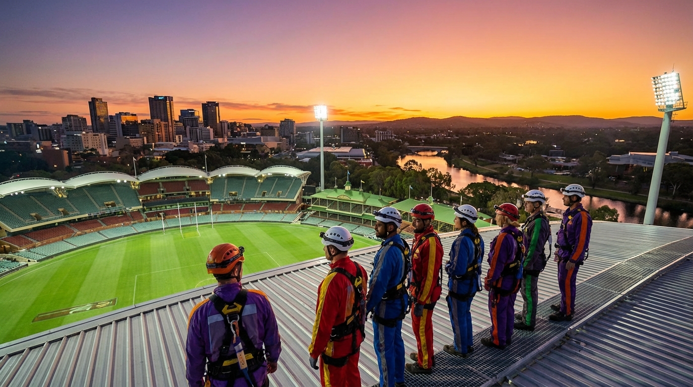Image: A group of diverse climbers, wearing safety suits and harnesses, standing on the illuminated rooftop of Adelaide Oval at sunset. They are looking out over the city skyline, the River Torrens, and the distant Adelaide Hills, with the stadium's pitch visible below. The sky is a vibrant mix of orange and purple hues.