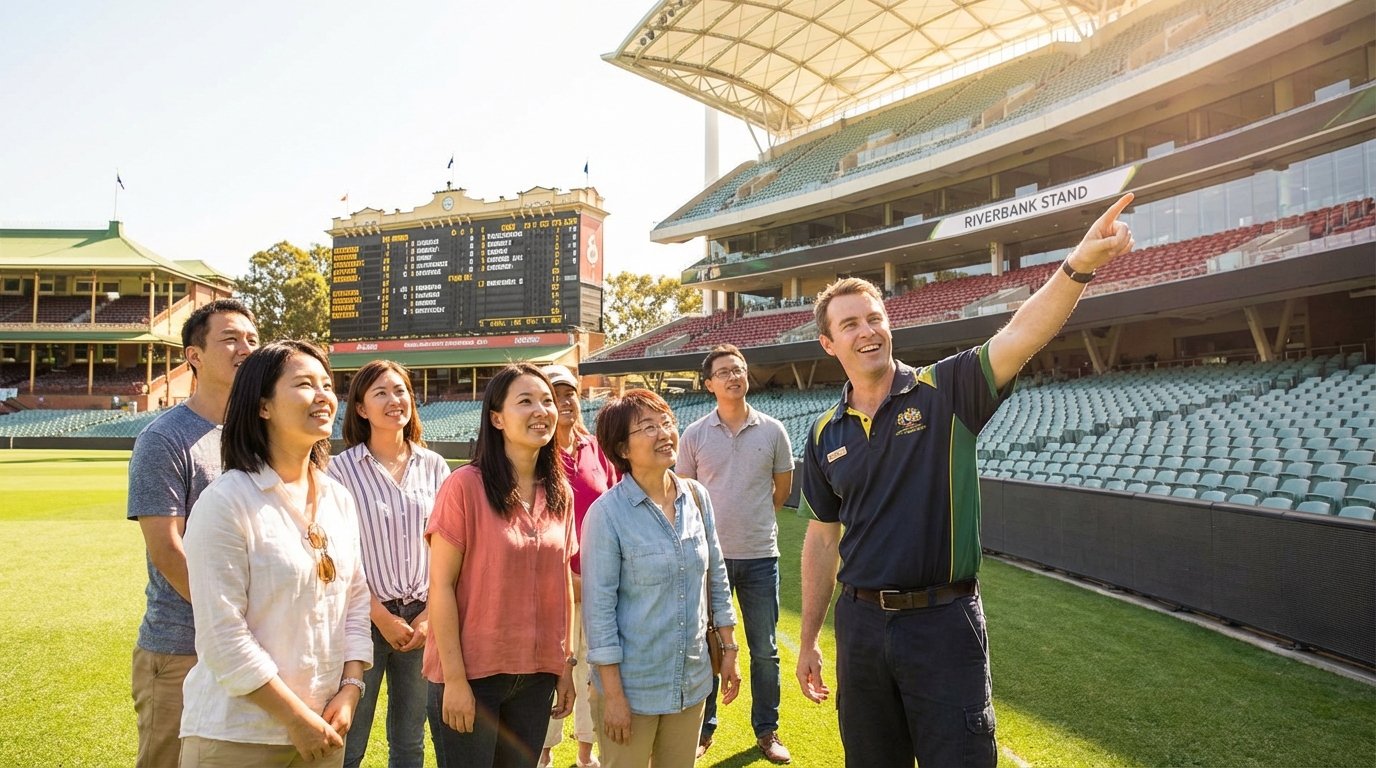 Image: A diverse group of tourists, including some East Asian individuals, on a guided stadium tour inside Adelaide Oval. They are standing on the edge of the lush green cricket pitch, looking up at the grandstands, with their guide pointing towards a feature. The scene is bright and welcoming.