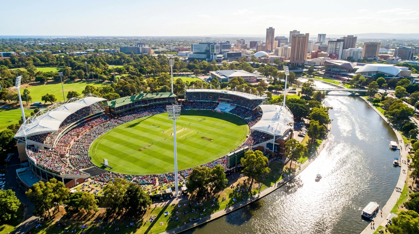Image: A vibrant, aerial drone shot of Adelaide Oval on a sunny day, showcasing its lush green pitch, grandstands filled with a diverse crowd, and the seamless integration with the surrounding green parklands and the glistening River Torrens. The Adelaide city skyline is visible in the background, reinforcing its urban connection.