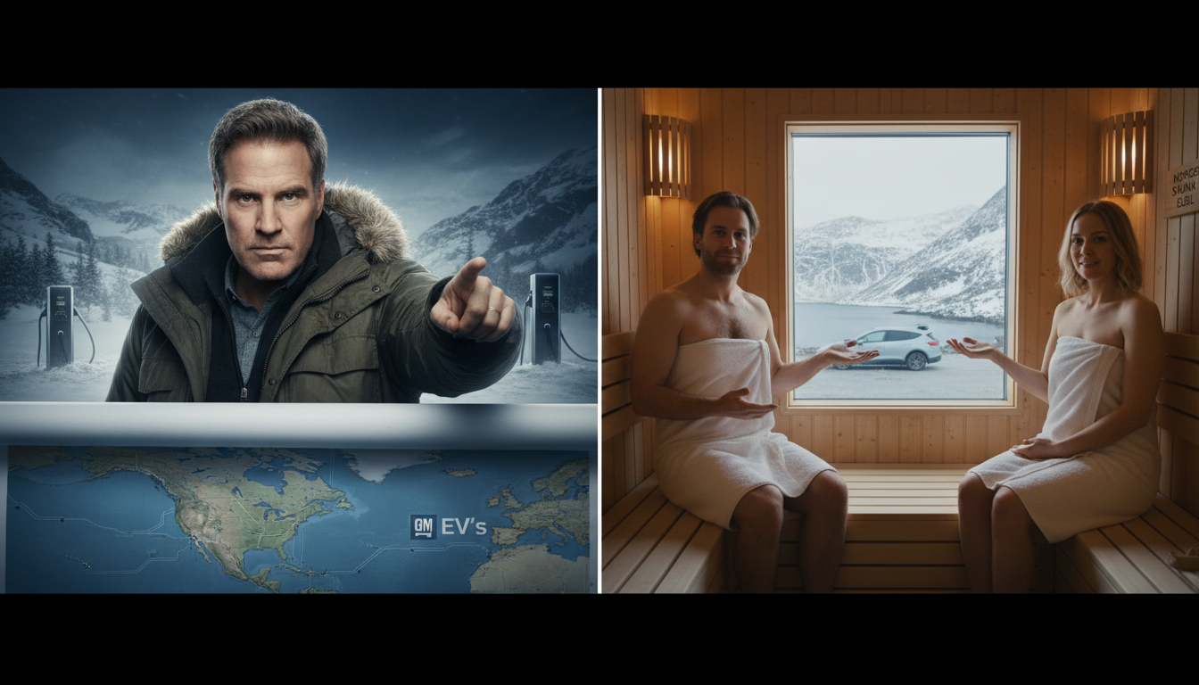 Image: A split screen showing two contrasting scenes. On the left, Will Ferrell in a dramatic pose with a strong expression, pointing at a map, representing the GM ad. On the right, two Norwegian actors in a cozy, minimalist sauna, looking relaxed and slightly amused, casually gesturing towards a pristine snowy landscape outside a window, representing Norway