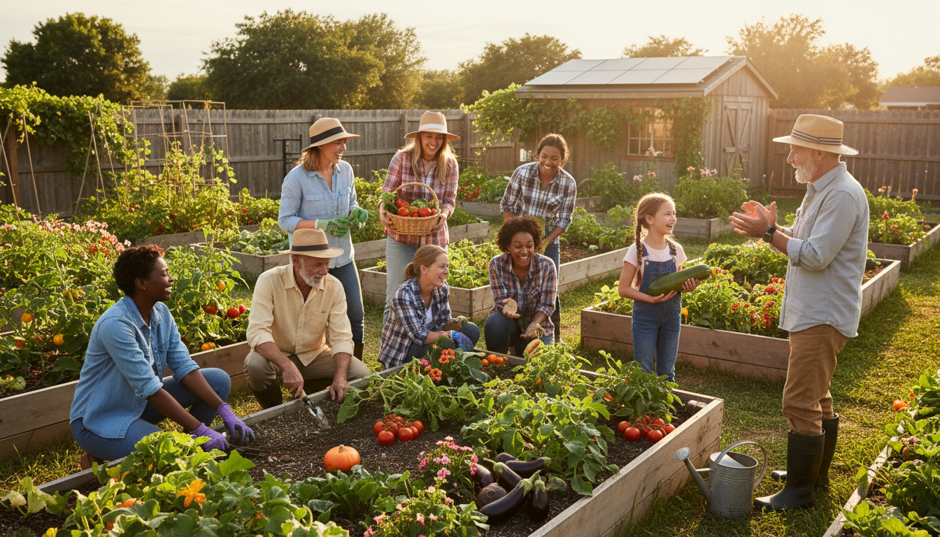 Image: A beautifully composed shot showing a diverse group of people from different generations (children, adults, seniors) happily engaged in an outdoor community garden. They are tending to vibrant plants, laughing, and sharing fresh produce. The scene is bathed in warm, natural light, emphasizing community, well-being, and sustainable living.
