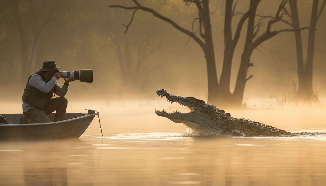 Image: A professional photographer with a long lens camera capturing a stunning shot of a large saltwater crocodile emerging from the Yellow Water Billabong in Kakadu National Park at dawn. The light is golden, mist hangs over the water, and ancient paperbark trees line the banks.