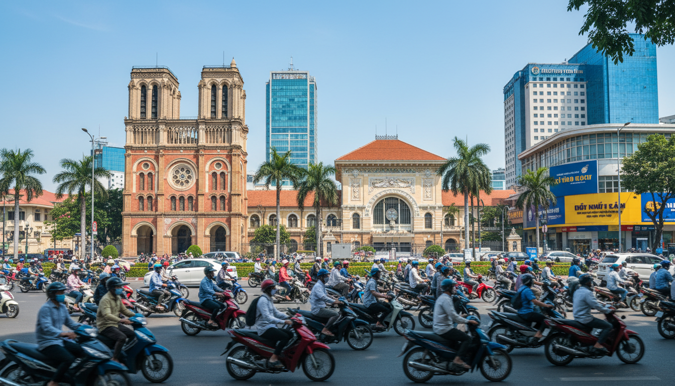 Image: A vibrant panoramic view of Ho Chi Minh City's District 1, showcasing the iconic Notre Dame Cathedral Basilica and the Saigon Central Post Office under a clear blue sky, with bustling streets and motorbikes in the foreground.