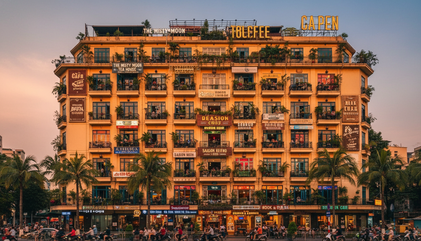 Image: The bustling facade of the 'Café Apartment Building' at 42 Nguyen Hue Street in Ho Chi Minh City, with numerous balconies adorned with colorful cafes and shops, under a warm evening glow.