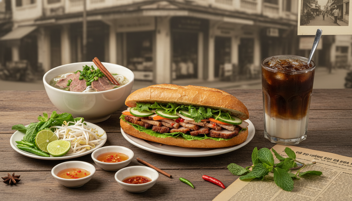 Image: A beautifully composed flat lay of traditional Vietnamese street food, including a vibrant Banh Mi sandwich, a steaming bowl of Pho, and a refreshing glass of Ca Phe Sua Da, all set against a subtle, historical backdrop evoking Saigon.