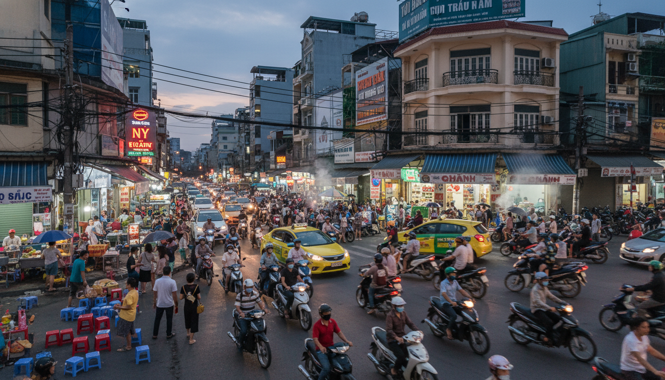 Image: A bustling street scene in Ho Chi Minh City with numerous motorbikes, a few cars, and pedestrians navigating the vibrant chaos, showcasing the energy of the city's transport.