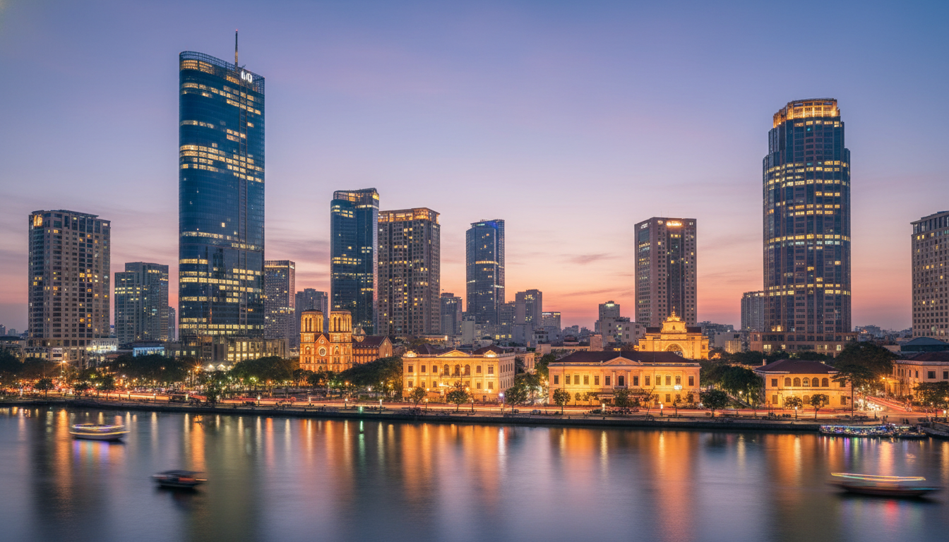 Image: A panoramic view of Ho Chi Minh City's skyline at dusk, with modern skyscrapers illuminated alongside visible historic French colonial buildings, reflecting the city's blend of past and present, with a river in the foreground.