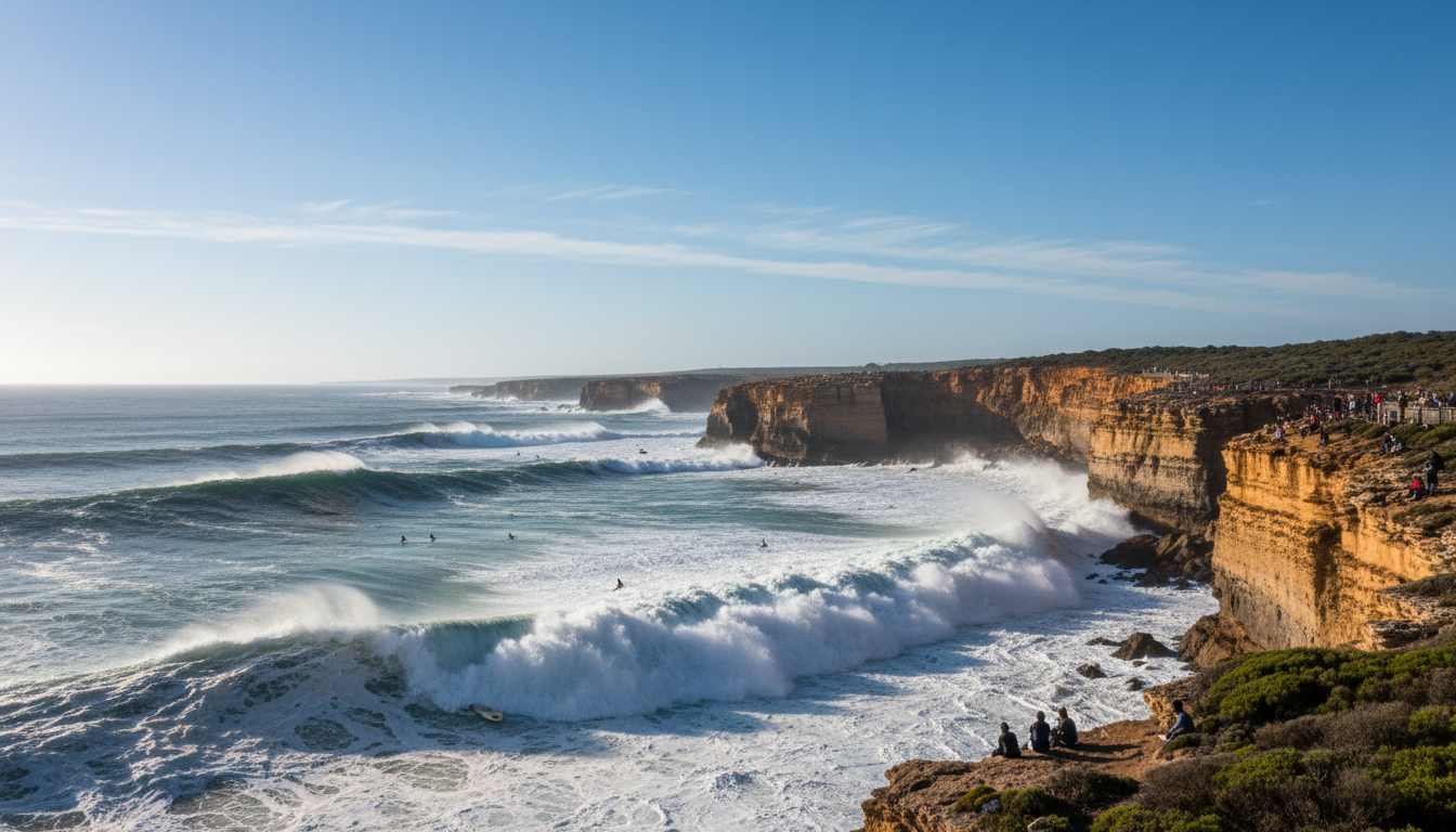 Image: A wide shot of Surfers Point in Margaret River, Western Australia, during the Margaret River Pro. Professional surfers are riding large, powerful waves with dramatic sprays. The rugged coastline and cliffs are visible in the background, dotted with spectators. The sky is clear blue with a few wispy clouds.