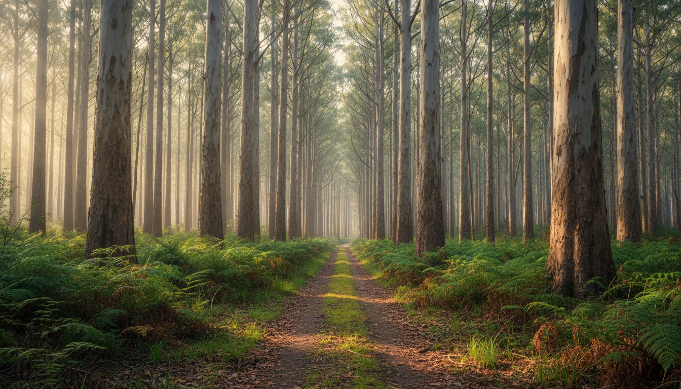 Image: A serene and majestic scene inside Boranup Karri Forest in Margaret River, Western Australia. Sunlight filters through the towering, smooth-barked karri trees, creating dappled light on the forest floor. The ground is covered with ferns and fallen leaves. A narrow, unpaved forest track is visible, inviting exploration.