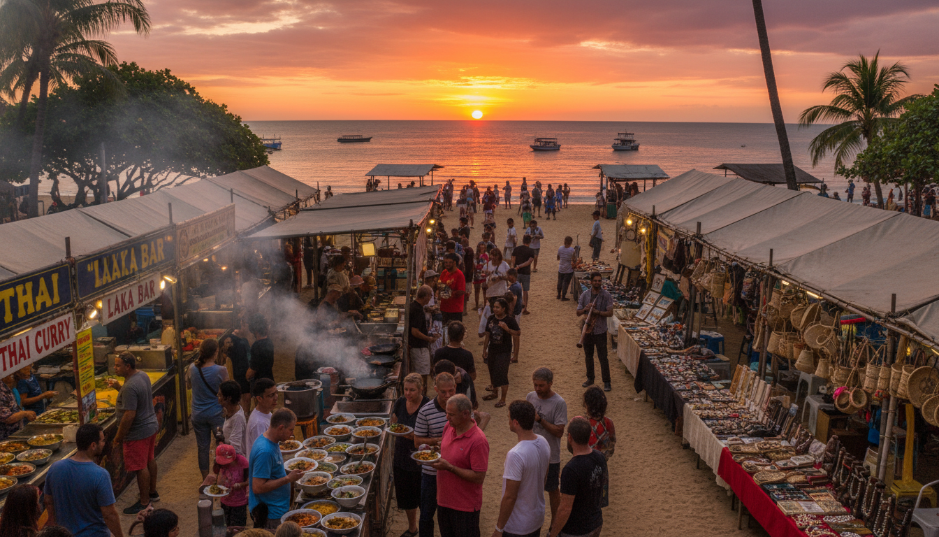 Image: A vibrant, bustling scene at the Mindil Beach Sunset Market in Darwin, with diverse food stalls emitting steam and delicious aromas, people browsing unique artisan crafts, and a colorful sunset in the background over the Arafura Sea.