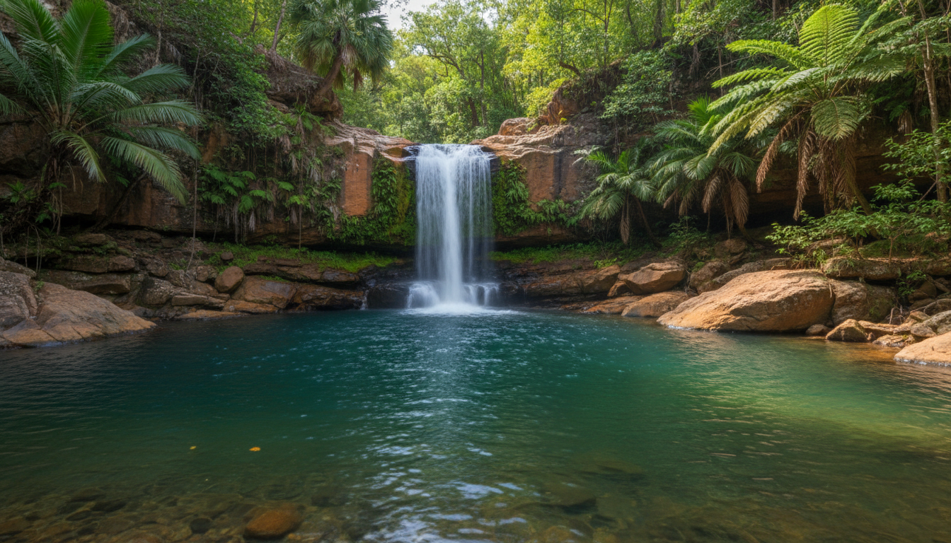 Image: A serene scene at Florence Falls in Litchfield National Park, showing crystal-clear water cascading into a deep, inviting plunge pool surrounded by lush green tropical vegetation and smooth, orange-hued rock formations.