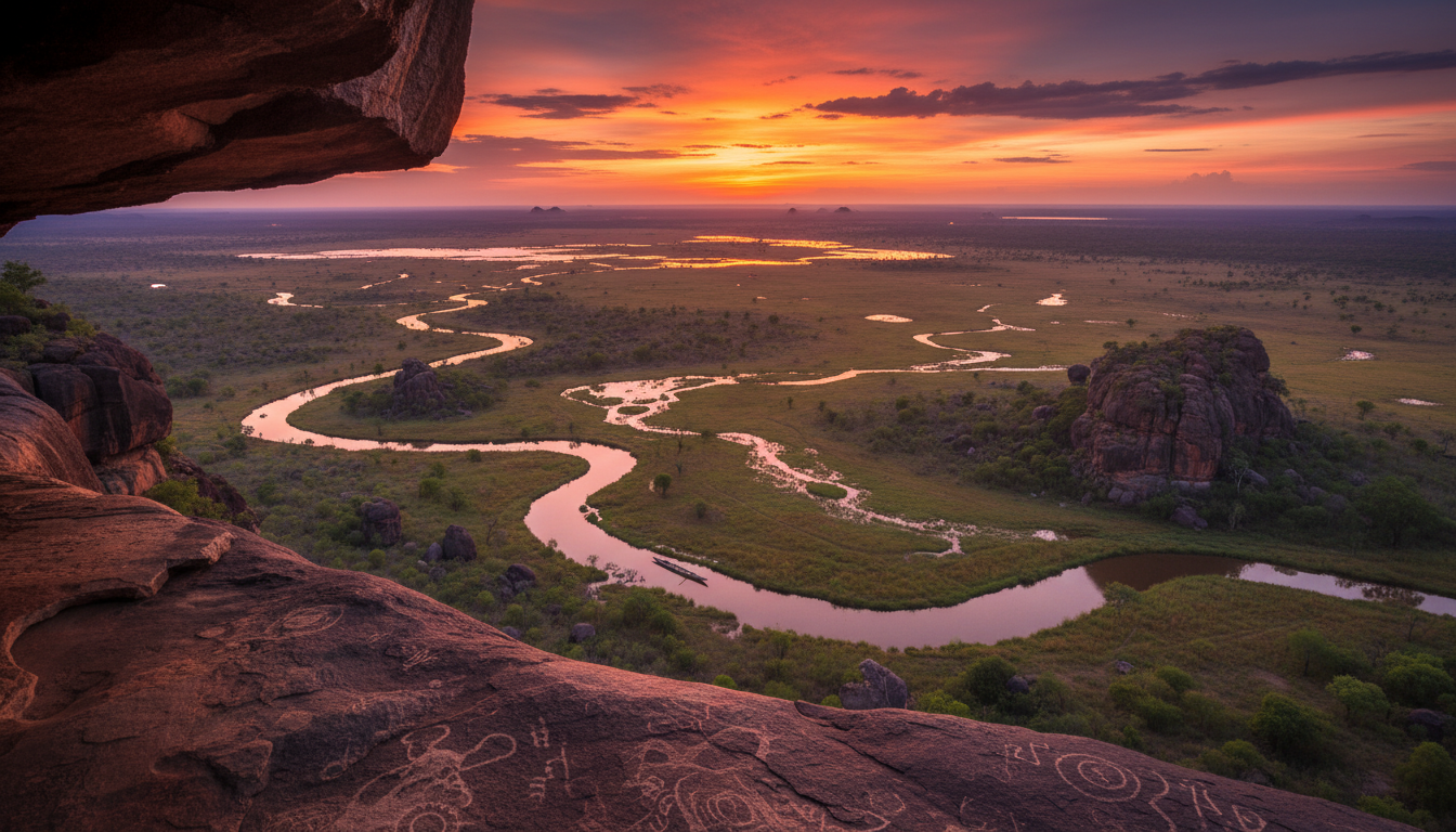 Image: A breathtaking panoramic view from the Ubirr rock outcrop in Kakadu National Park at sunset, showing vast floodplains stretching towards the horizon, dotted with billabongs and ancient rock formations, under a sky painted with vibrant orange, purple, and red hues.