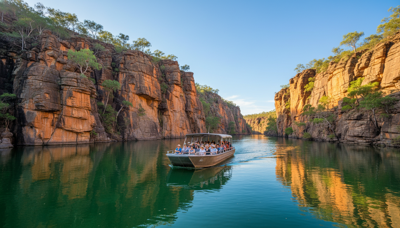 Image: A serene boat cruise navigating through the towering sandstone cliffs of Katherine Gorge (Nitmiluk National Park), with reflections of the orange-hued rock formations on the calm, emerald green water, under a clear blue sky.