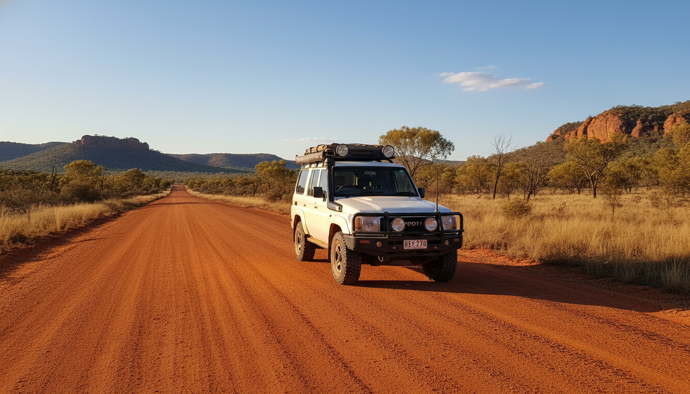 Image: A well-maintained 4x4 vehicle parked safely on the side of a dusty, unsealed road in the Australian Top End, with a distant view of rugged, sparse bushland under a vast, clear blue sky.