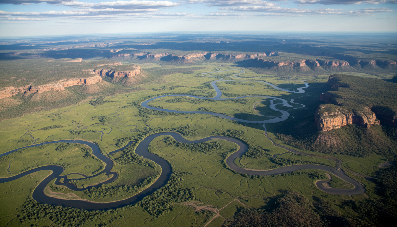 Image: A beautiful aerial shot of the Top End landscape, showcasing a patchwork of lush green wetlands, winding rivers, and ancient sandstone escarpments, hinting at the vastness and diversity of the region.