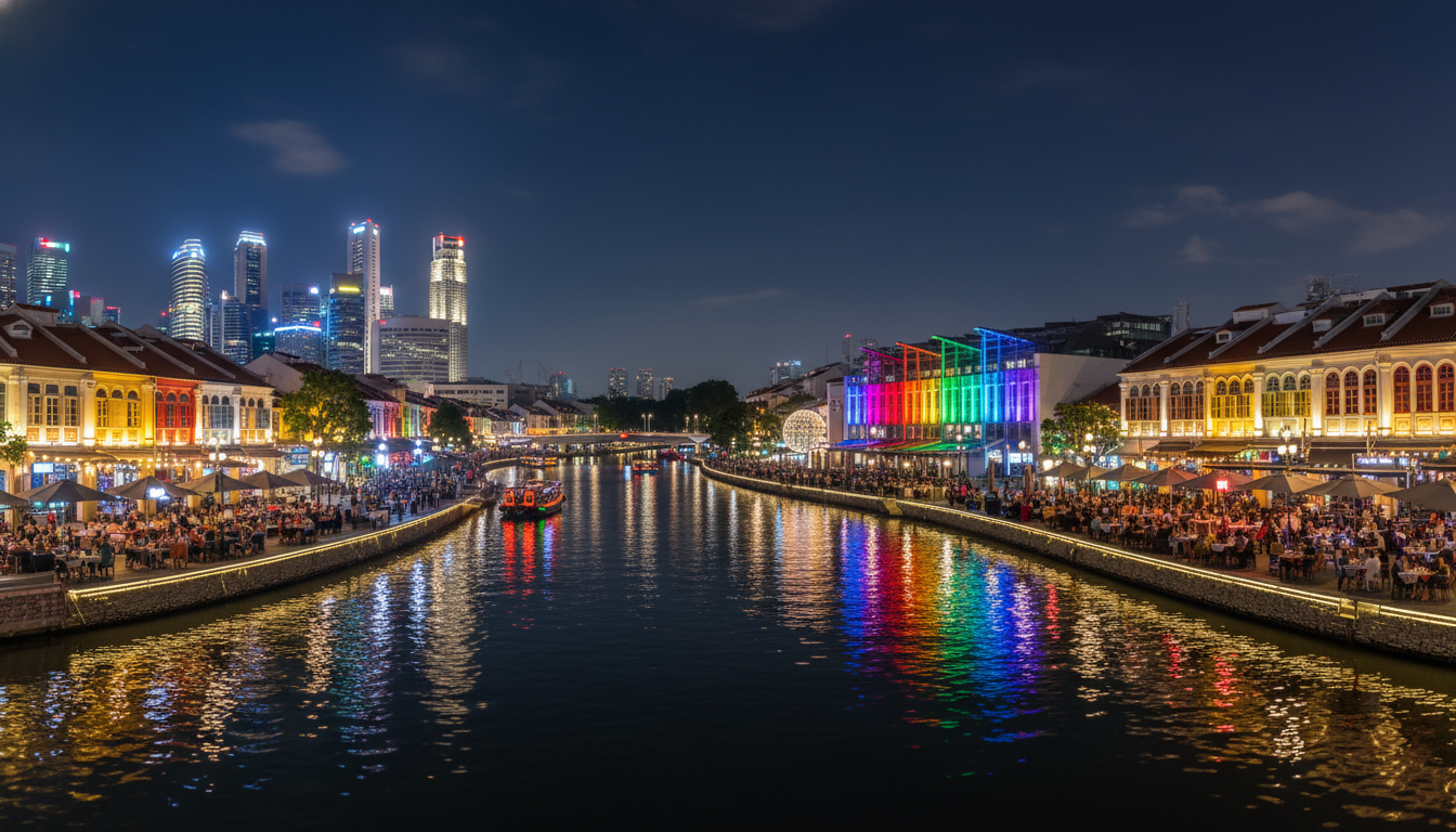 Image: A panoramic view of the Singapore River at night, showcasing the vibrant lights of Clarke Quay and Boat Quay restaurants reflecting on the water, with diners enjoying outdoor seating along the riverbanks.