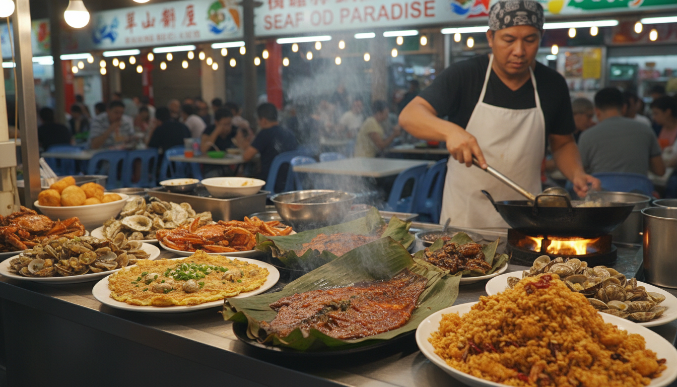 Image: A bustling hawker stall in Singapore, showcasing an array of freshly prepared seafood dishes on a counter. Highlights include a sizzling plate of Sambal Stingray wrapped in banana leaf, a crispy Oyster Omelette, and golden Cereal Prawns, with a hawker preparing food in the background.