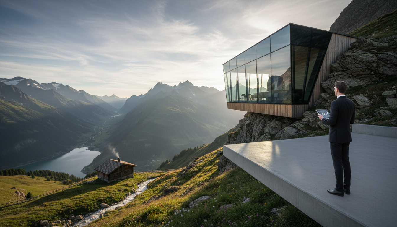 Image: A panoramic view of the Swiss Alps with a modern, glass-fronted building subtly integrated into the landscape, symbolizing the blend of tradition and innovation in Swiss finance. The foreground features a businessman looking thoughtfully at the view.