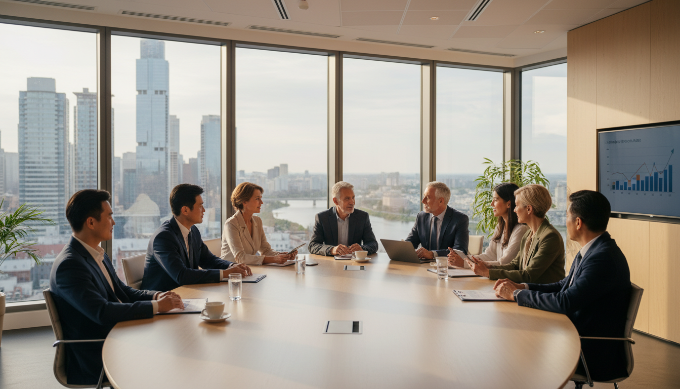 Image: A diverse group of successful business professionals from different generations engaged in a calm, collaborative discussion in a sunlit, modern board room overlooking a serene cityscape. The atmosphere is one of trust and forward-thinking.
