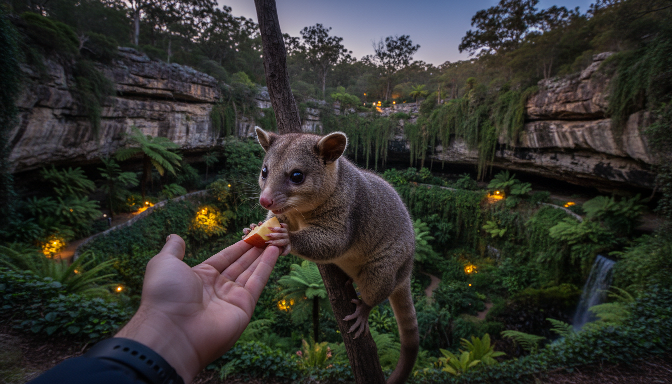 Image: A curious brushtail possum gently taking a piece of apple from a human hand, with the lush, dimly lit terraced gardens of the Umpherston Sinkhole in the background at dusk.