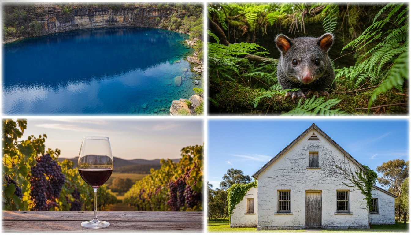 Image: A vibrant montage of various scenes from the Limestone Coast: a close-up of the intense blue water of the Blue Lake, a possum's face peeking out from foliage in the sinkhole, a glass of red wine in a vineyard, and a historic building in Robe.