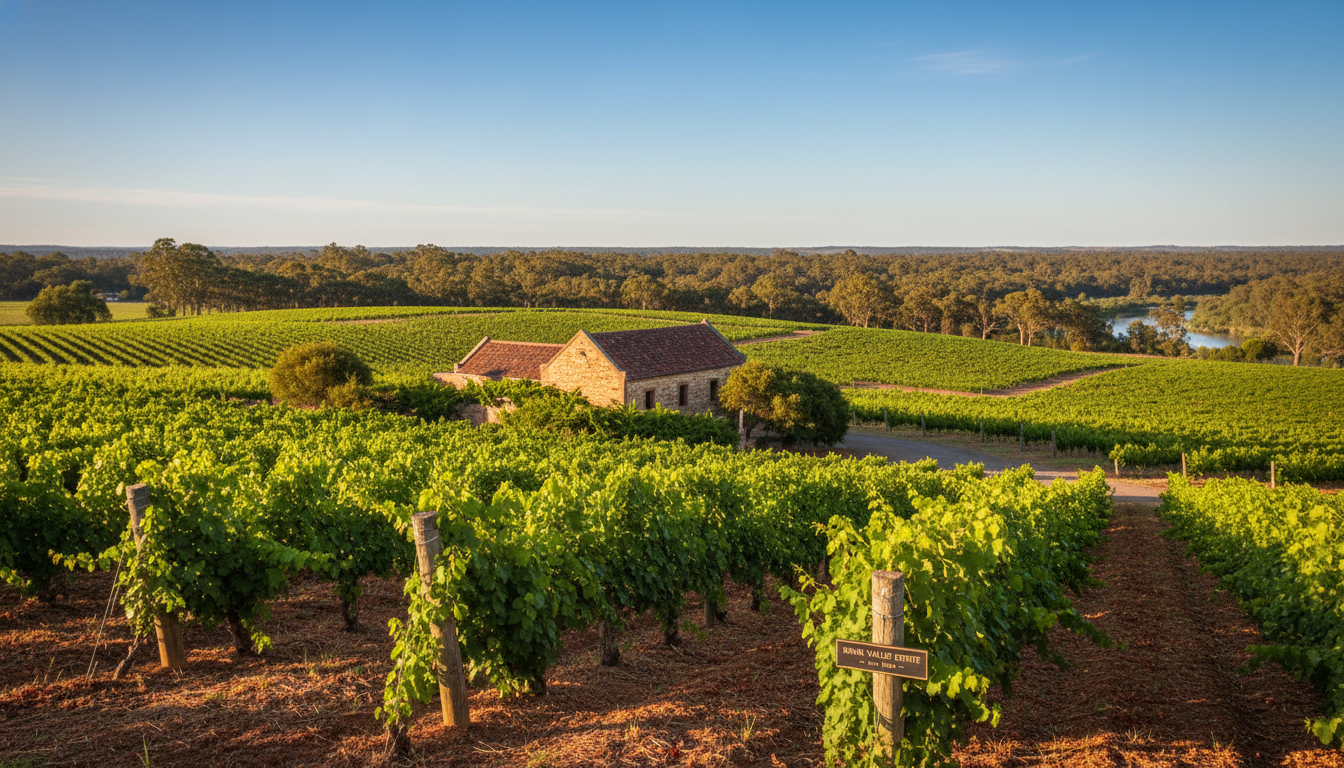Image: A panoramic view of the Swan Valley vineyards in late spring, with lush green grapevines stretching across gently rolling hills under a clear blue sky. In the background, a historic sandstone winery building is nestled among the vines, and distant native bushland frames the scene.