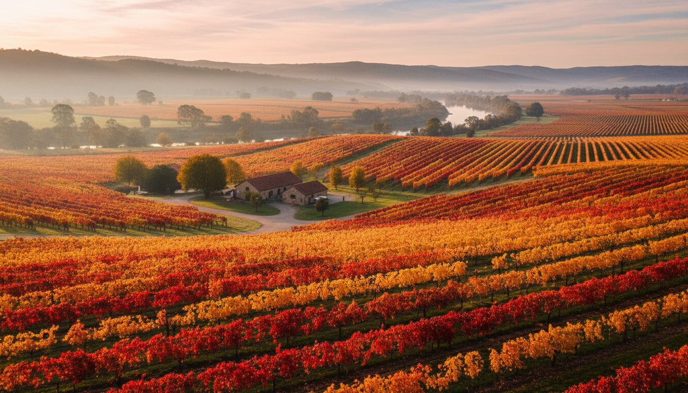 Image: A breathtaking autumn panoramic view of the Swan Valley vineyards. The grapevines are ablaze with vibrant red, orange, and golden leaves. The soft, warm light of late afternoon casts long shadows across the rows, with a gentle mist rising in the distance near the meandering Swan River.